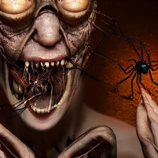 Image similar to man terrified as spiders and centipedes crawl out of his eyes and mouth, ultra realistic, horror, hyper detailed, sharp focus, ray tracing, terrifying, horrifying, octane render