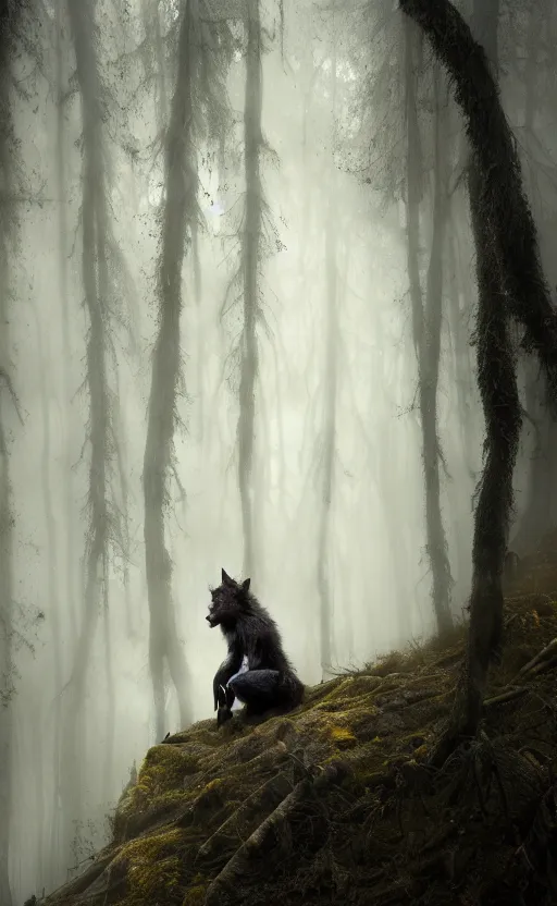 Image similar to hyperrealistic, Portrait of a werewolf crouched in a foggy forest, fantasy, yellow eyes, highly detailed, cinematic lighting, digital art painting by greg rutkowski