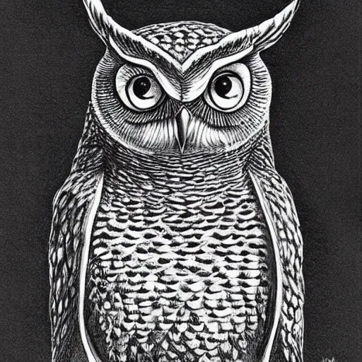 Image similar to A wise owl by Kentaro Miura, highly detailed, black and white