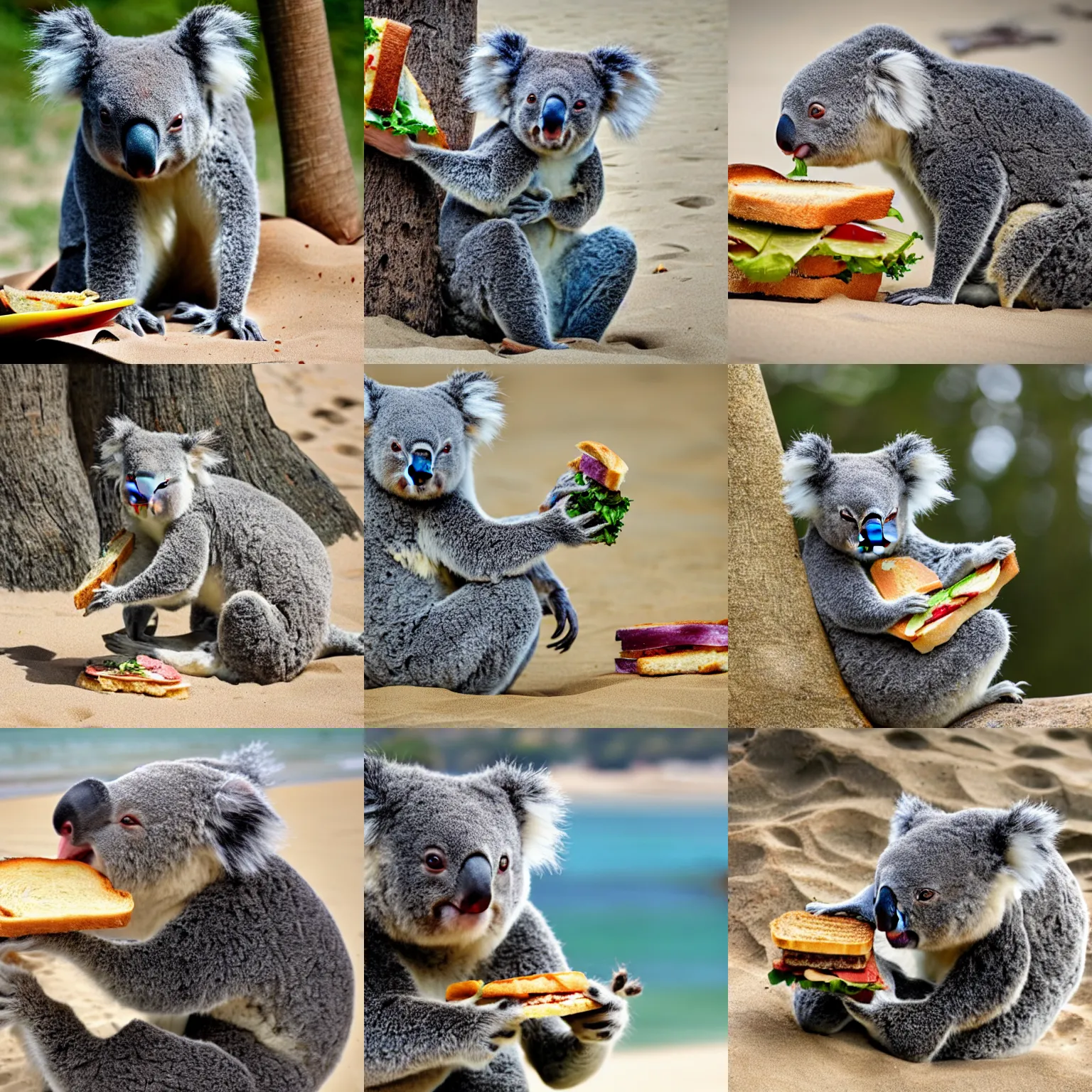 Prompt: a koala eating a sandwich on a beach