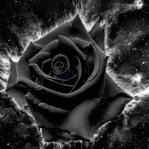 Image similar to award - outstanding, award - winning macro of a beautiful black rose made of fiery molten magma and stunning nebula clouds on vantablack background by harold davis, georgia o'keeffe and harold feinstein, highly detailed, hyper - realistic, mysterious inner glow, trending on deviantart, artstation and flickr, nasa space photography, national geographic