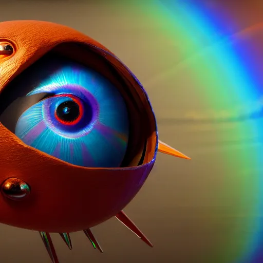 Image similar to still of rainbow orphanim, wheel, bird wings, giant eyeball, biblical accurate angel, mythological, 8 k, octane render, 3 5 mm, amazing details, beautiful composition