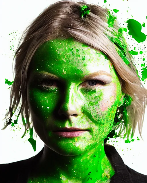 Image similar to photorealistic portrait headshot photos of kirsten dunst with bright green paint splattered across her face. photoshoot peter hurley, nyc headshot photographer, photorealistic