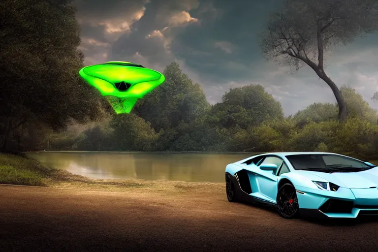 Image similar to a landscape photograph of a lamborghini aventador being chased by an alien spaceship through a vast serene landscape in a dystopian future, neon, river, trees, beautiful lighting, by lee madgwick