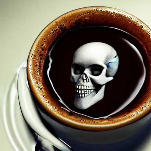 Prompt: a skull floating inside a cup full of coffee, fantasy render, horror, Unreal engine 5, trending on artstation