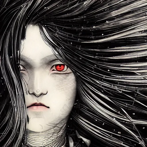 Image similar to yoshitaka amano realistic illustration of an anime girl with black eyes, wavy white hair fluttering in the wind and cracks on her face wearing elden ring armor with engraving, abstract black and white patterns on the background, noisy film grain effect, highly detailed, renaissance oil painting, weird portrait angle, three quarter view, head turned to the side