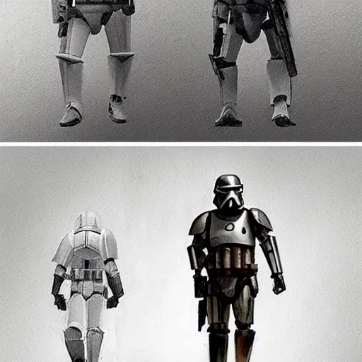 Image similar to an extremely long shot of an imperial stormtrooper walking concept art by Doug Chiang cinematic, realistic painting, high definition, very detailed, extremely high detail, photo realistic, symmetrical, concept art, the Mandalorian concept art style