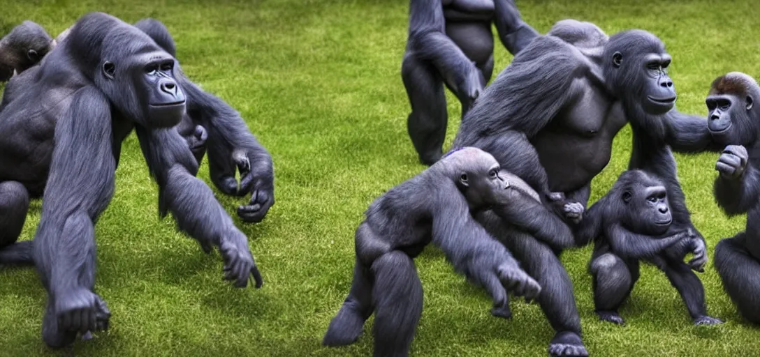 Image similar to intergalactic hotdog battlecruisers are attacking peaceful gorilla families in the city park planitary defense systems are active daytime beautiful, families running in fear for their lives, hyper realistic, high definition, highly detailed