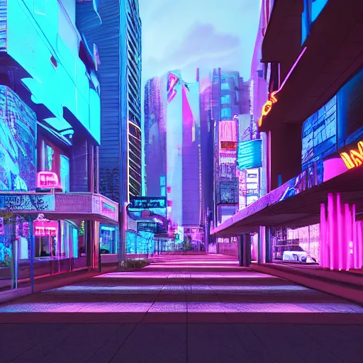 Image similar to cyberpunk photo of downtown Mesa Arizona, 2077, photorealistic, highly detailed, colorful, neon, night time, 4k