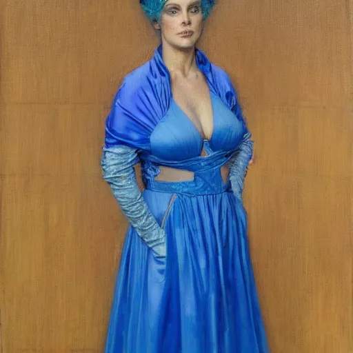 Image similar to frontal portrait of a queen dressed in blue and pink, by donato giancola.