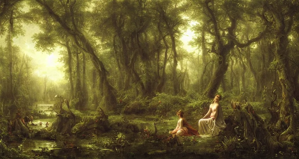 Image similar to A dense and dark enchanted forest with a swamp, by Guillaume Seignac