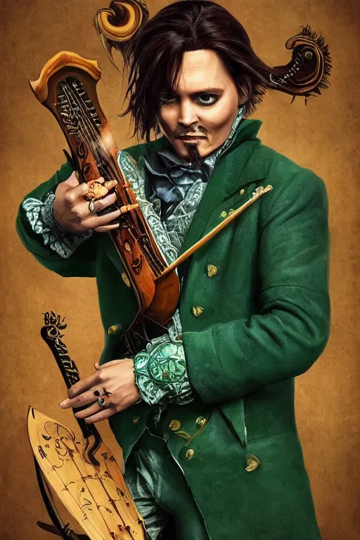 Image similar to Breathtaking comic book style of Johny Depp portrayed as a Dungeons and Dragons bard, playing the lute and wearing a pale green jacket in the style of ilya kuvshinov