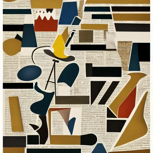 Image similar to A collage of a jazz band, mid-century modern, made of random shapes cut from magazines and newspapers, abstracted block shapes, earth tones