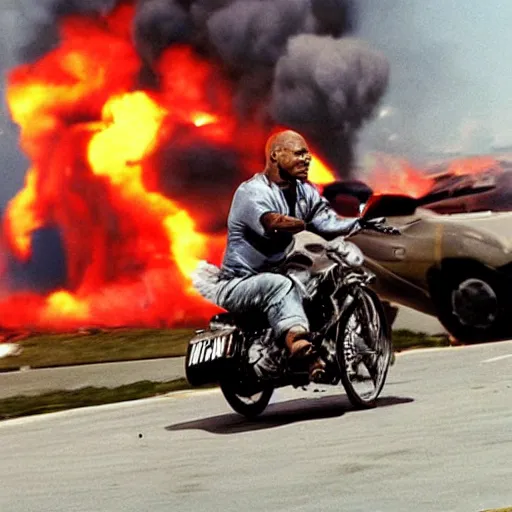 Image similar to mike tyson riding a motorcycle, explosion in background