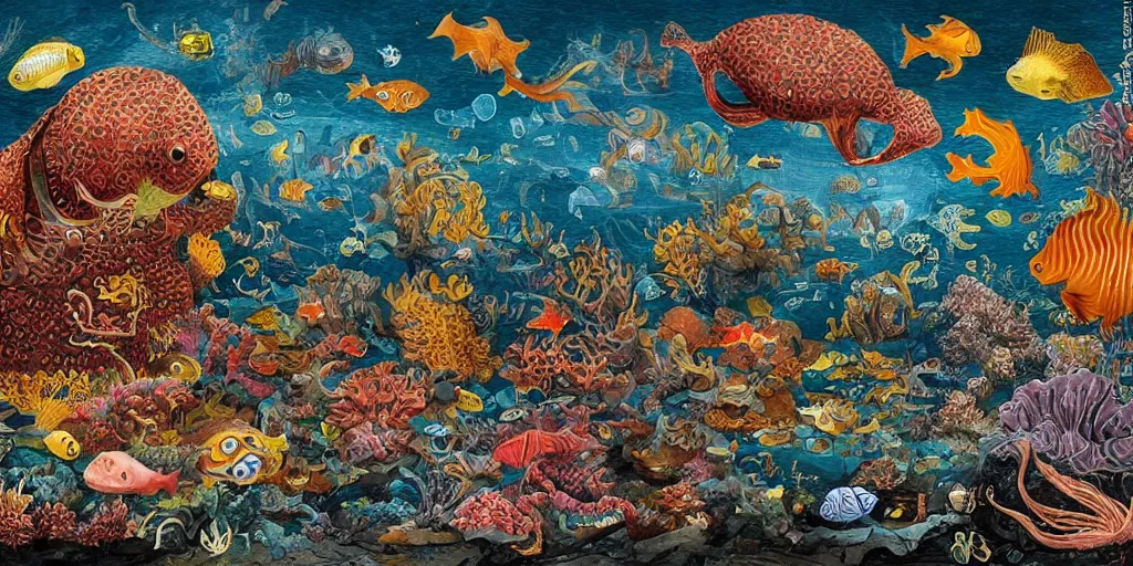 Image similar to exotic deep sea animal aquarium in the style of heironymus bosch, colorful intricate masterpiece, hyper detailed, hd