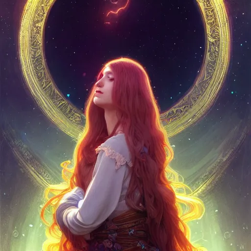 Image similar to aurora, girl with super long hair, hair becoming bright stars, intricate, highly detailed, digital painting, artstation, concept art, smooth, sharp focus, illustration, unreal engine 5, 8 k, art by artgerm and greg rutkowski and alphonse mucha