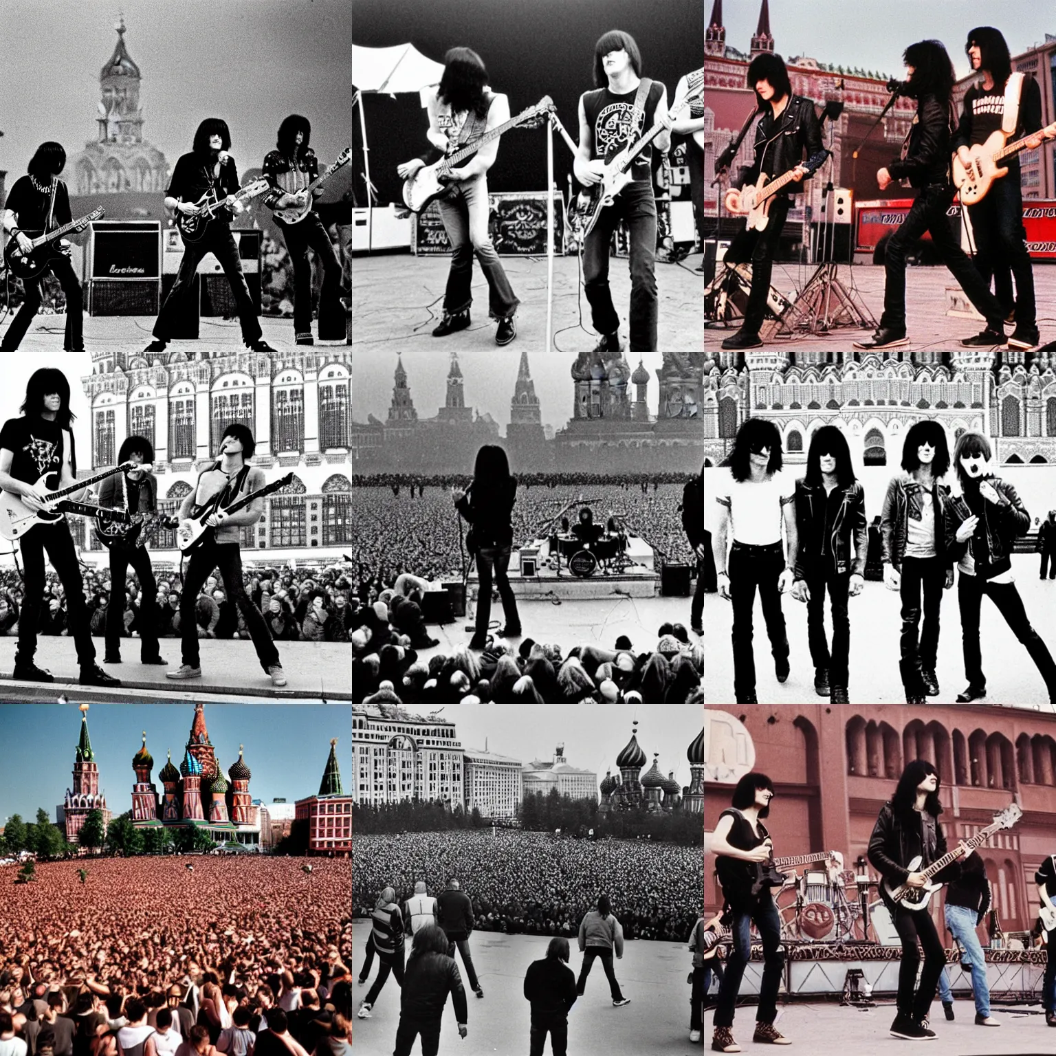 Prompt: the ramones playing a gig on the red square in moscow