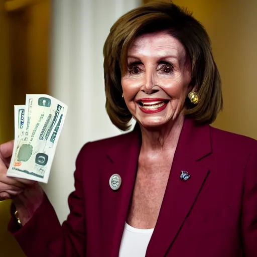 Prompt: nancy pelosi collecting $ 1 0 0 bills wlop