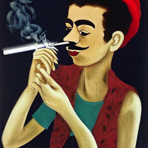 Prompt: mario smoking a cigarette painted by frida khalo