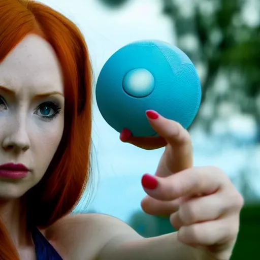 Image similar to Karen Gillan as Misty from Pokémon, Indigo League, outstretched arm holding a Poké Ball, close-up shot, photo realism, cinematic, realistic, 8K