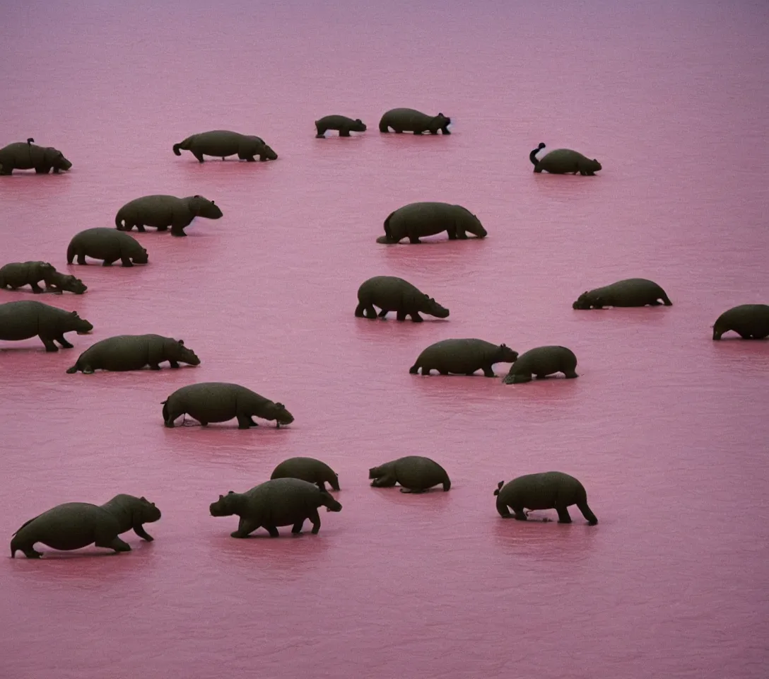 Image similar to a 3 5 mm photography, kodachrome colour of 3 0 hippos running in a pink lake, taken by martin parr