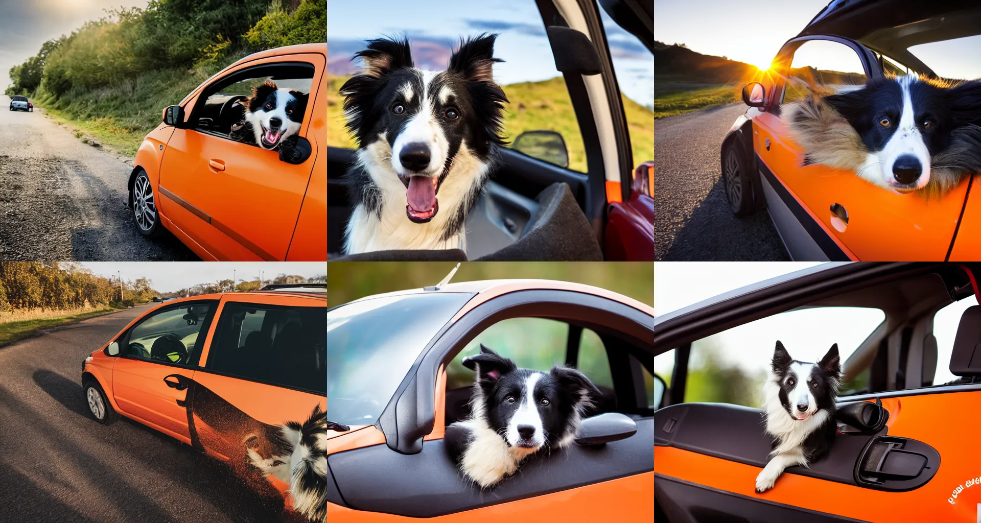 Image similar to border collie dog in the driver's seat of an orange nissan note, paws on wheel, car moving fast, rally driving photo, award winning photo, golden hour,