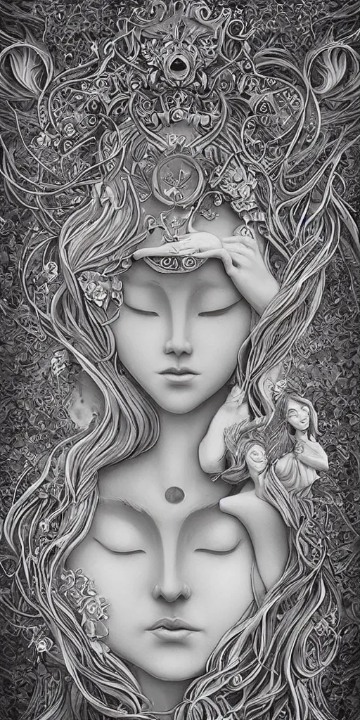 Image similar to a sculpture of mythical creatures, elegant and beautiful female face with her third eye open, carved in a stone alter, intricate, elegant, highly detailed, digital painting by audrey kawasaki, artstation, concept art, ambient occlusion, smoke, foggy vray render,