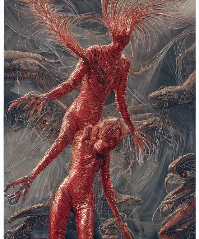 Prompt: a portrait photograph of a dreaming sadie sink as a strong alien harpy queen with amphibian skin. she is dressed in a fiery lace shiny metal slimy organic membrane catsuit and transforming into a insectoid snake bird. by donato giancola, walton ford, ernst haeckel, peter mohrbacher, hr giger. 8 k, cgsociety, fashion editorial