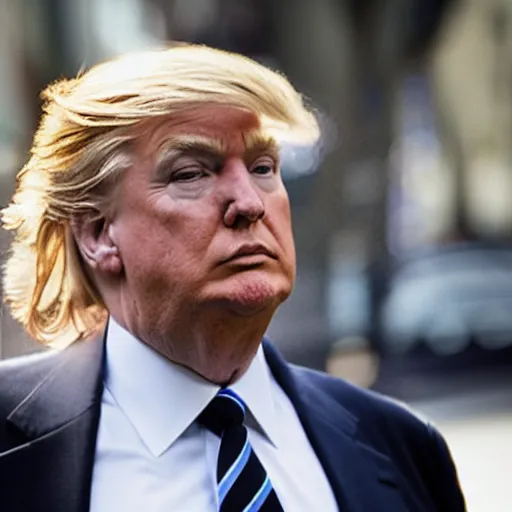 Prompt: face close up portrait photograph of a very tall, elegantly dressed, young, bearded, golden haired, pale white donald trump walking through the city