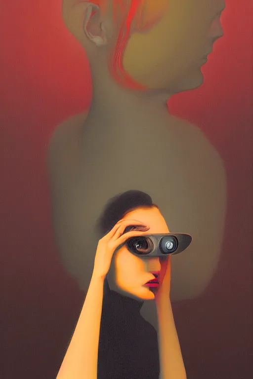 Image similar to woman wearing Oculus and digital glitch head Edward Hopper and James Gilleard, Zdzislaw Beksisnski, higly detailed