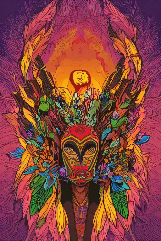 Image similar to animal mask totem roots flower tribal feather gemstone plant wood rock shaman vodoo video game vector cutout illustration vivid multicolor borderlands comics by josan gonzales and dan mumford radiating a glowing aura