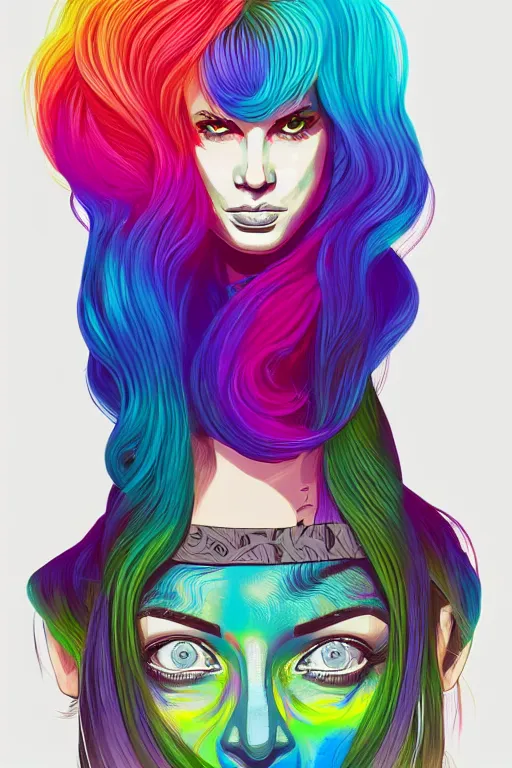 Image similar to a award winning half body portrait of a beautiful woman with stunning eyes in a printed croptop and cargo pants with rainbow colored ombre hairstyle head in motion and hair flying by josan gonzales, outrun, vaporware, shaded flat illustration, digital art, trending on artstation, highly detailed, fine detail, intricate