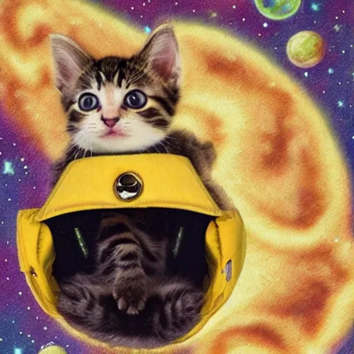 Image similar to a kitten wearing a cape floating through space surrounded by floating recliner chairs, galaxies, dramatic lighting, stars, suns, spirals