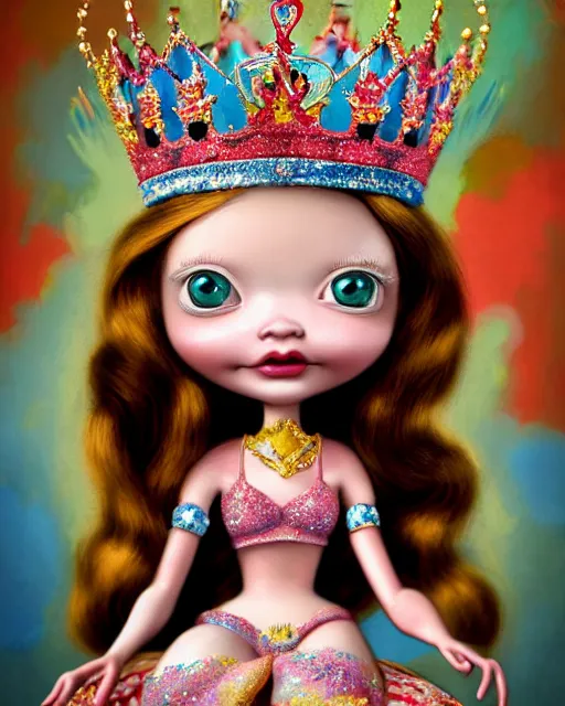 Image similar to closeup profile portrait of a tin toy fairytale princess wearing a crown and sitting on a throne, bikini, hyper realistic, artstation, illustration, concept art by nicoletta ceccoli, mark ryden, lostfish, dan decarlo, bob clampett, max fleischer, digital paint, matte paint, vivid colors, bright, cheerful, detailed and intricate environment