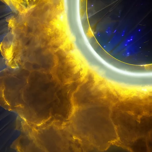 Image similar to open golden space portal with white turbulent smoke and electricity, high detail, photo realistic, 8 k