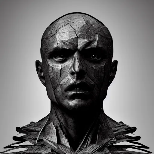 Image similar to a sculpture portrait of a man made of black iron. black background. gothic baroque. expressive eyes. symmetry. epic. ominous shapes. lighting from the bottom, sharp shadows. photoreal. trending on artstation