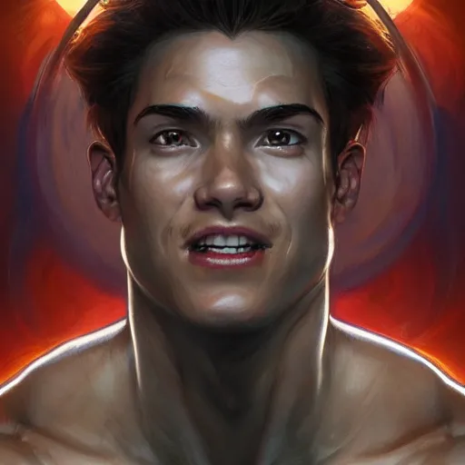 Image similar to character concept, portrait, symmetrical head - on centralized, laughing young man with strong body. detailed, high quality, dynamic lightning, fantasy, scenematic. artwork by artgerm, wlop, alex ross, greg rutknowski, alphonse mucha