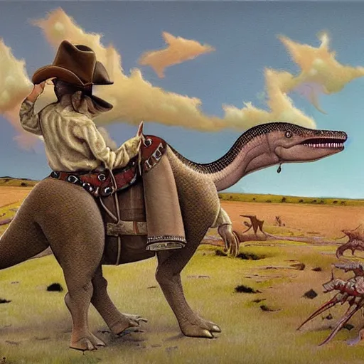 Image similar to dinosaur as a cowboy, artwork by Daniel Merriam,