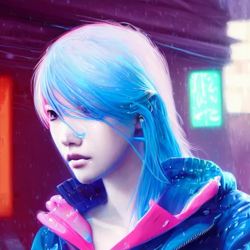 Image similar to a digital painting of choi sora in the rain with blue hair, cute - fine - face, pretty face, cyberpunk art by sim sa - jeong, cgsociety, synchromism, detailed painting, glowing neon, digital illustration, perfect face, extremely fine details, realistic shaded lighting, dynamic colorful background