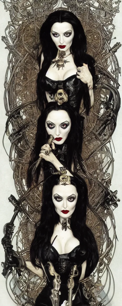 Image similar to striking sensual gorgeous thrash metal art nouveau portrait of morticia addams as a grindcore death metal rebel soldier by chris achilleos, giger, simon bisley and alphonse mucha, photorealism, extremely hyperdetailed, perfect symmetrical facial features, perfect anatomy, ornate declotage, excited expression, wild eyes