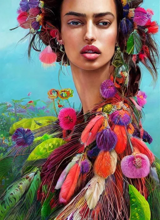 Image similar to beautiful portrait of Irina Shayk wearing fantastic Hand-dyed cotton dress,embellished beaded feather decorative fringe knots ,colorful pigtail,subtropical flowers and plants,intricate,elegant,highly detailed,8k,post-processing,digital painting,trending on pinterest,VOGUE,concept art, sharp focus, illustration, by artgerm,Tom Bagshaw,Lawrence Alma-Tadema,greg rutkowski,alphonse Mucha