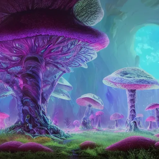 Prompt: concept art painting of a fantasy alien fungal landscape at night, magenta trees, glowing blue mushrooms, houses made of mushrooms, dark purple sky, realistic, detailed, cel shaded, in the style of makoto shinkai and greg rutkowski and albert bierstadt and james gurney