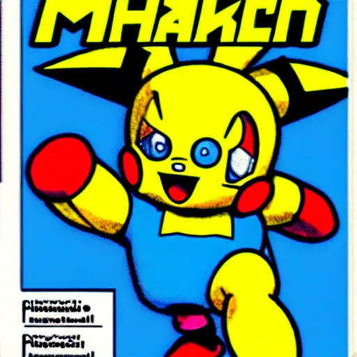 Prompt: nintendo power magazine cover from the 1 9 9 0 s featuring megaman as pikachu