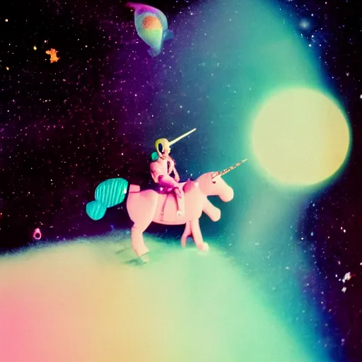 Prompt: a robot riding a pink unicorn in space, cinestill 8 0 0 t, award winning photograph, taken in 1 9 8 3