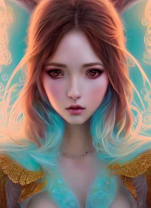 Prompt: dreamlike luxury stunning gorgeous woman fairy portrait, pale turquoise and gold kimono, art by artgerm, wlop, loish, ilya kuvshinov, 8 k hyperrealistic, hyperdetailed, beautiful lighting, detailed background, depth of field, symmetrical face, frostbite 3 engine, cryengine,