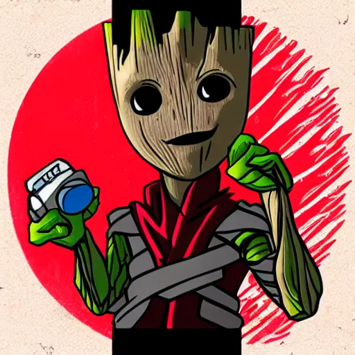 Image similar to baby groot and random japanese color with red and black colors as pop smoke album cover