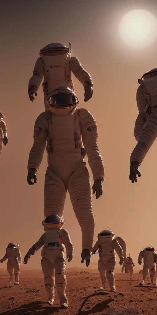 Image similar to concept art, american astronauts landing on mars, musk's mars migration program, new lightweight spacesuit, backlight, epic, high detail, 8 k, octane rendering, unreal engine.