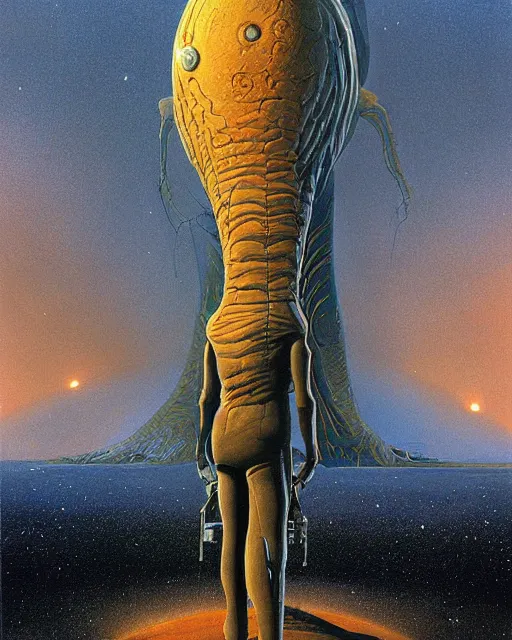 Image similar to a painting of a man standing in front of a giant alien, poster art by les edwards and by ralph mcquarrie and by peter elson, cgsociety, space art, lovecraftian, cosmic horror, poster art