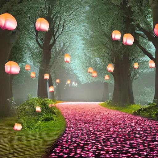 Image similar to photorealistic beautiful cherry blossom forest with paper lanterns illuminating the stone pathway. hyperdetailed photorealism, 1 0 8 megapixels, river, amazing depth, glowing rich colors, powerful imagery, psychedelic overtones, 3 d finalrender, 3 d shading, cinematic lighting, artstation concept art