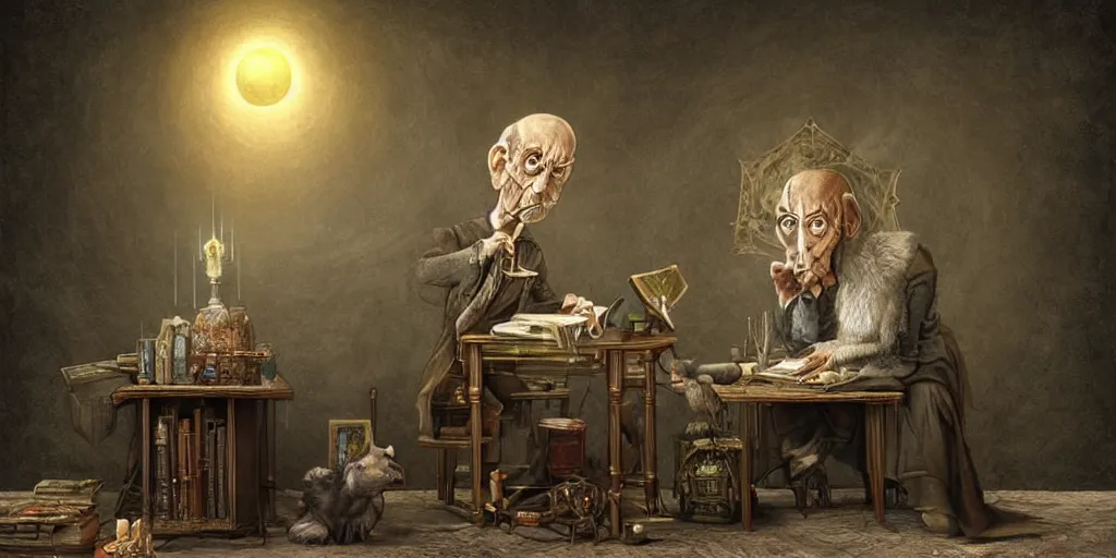 Image similar to wizened aristocrat examining the mysteries of tarot cards on a magical blackboard, background is magical blackboard with chalk,, fantasy art, matte painting, high quality, digital painting, artwork by tony sart